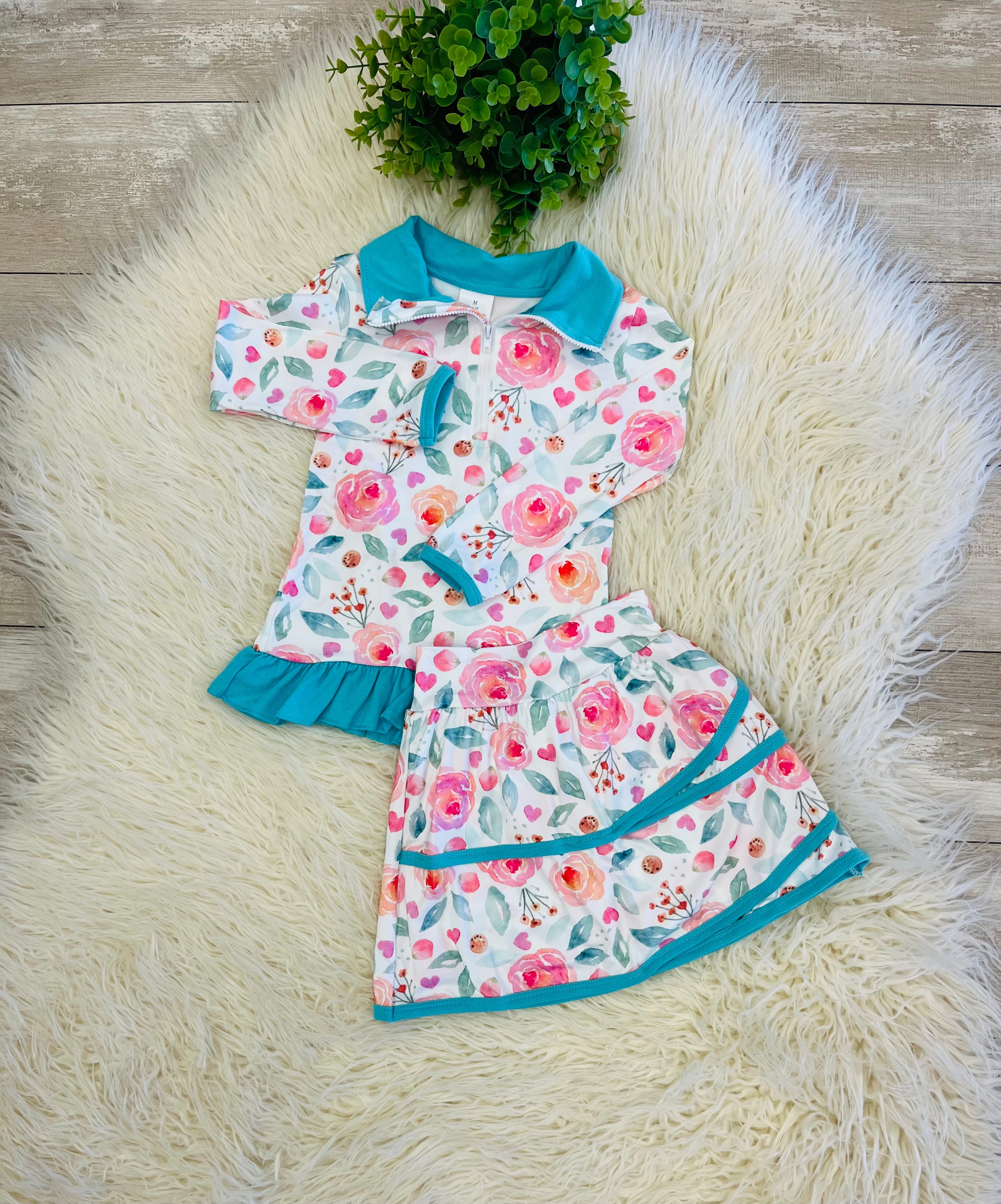 Girl’s Teal Floral Ruffle Quarter Zip Skort Outfit