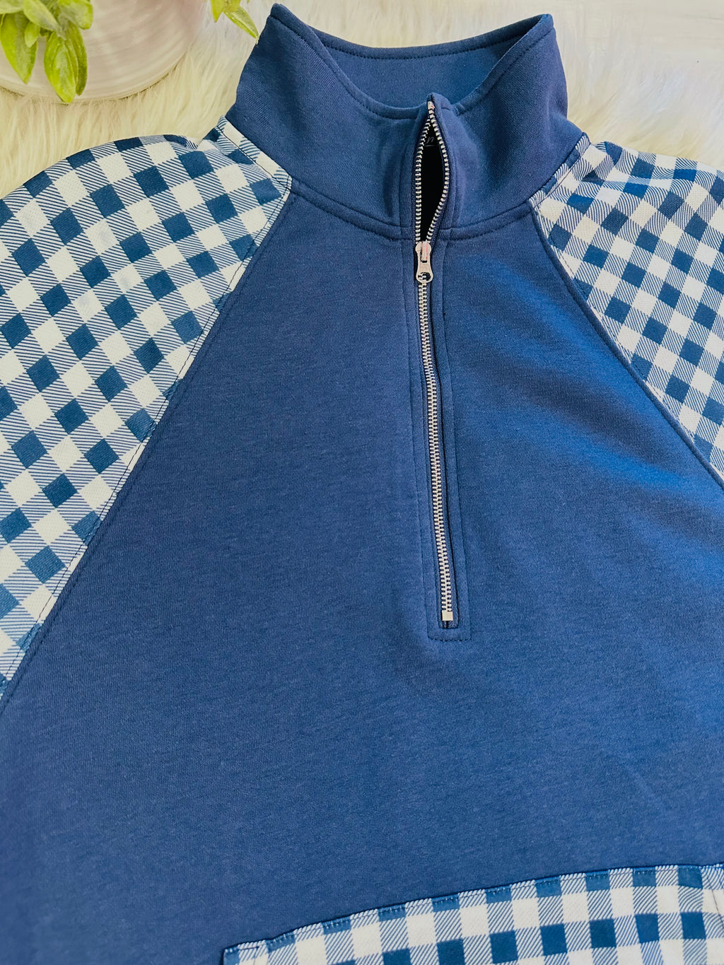 Women’s Evermmee Blue Gingham Quarter Zip Sweater Top - True to Size