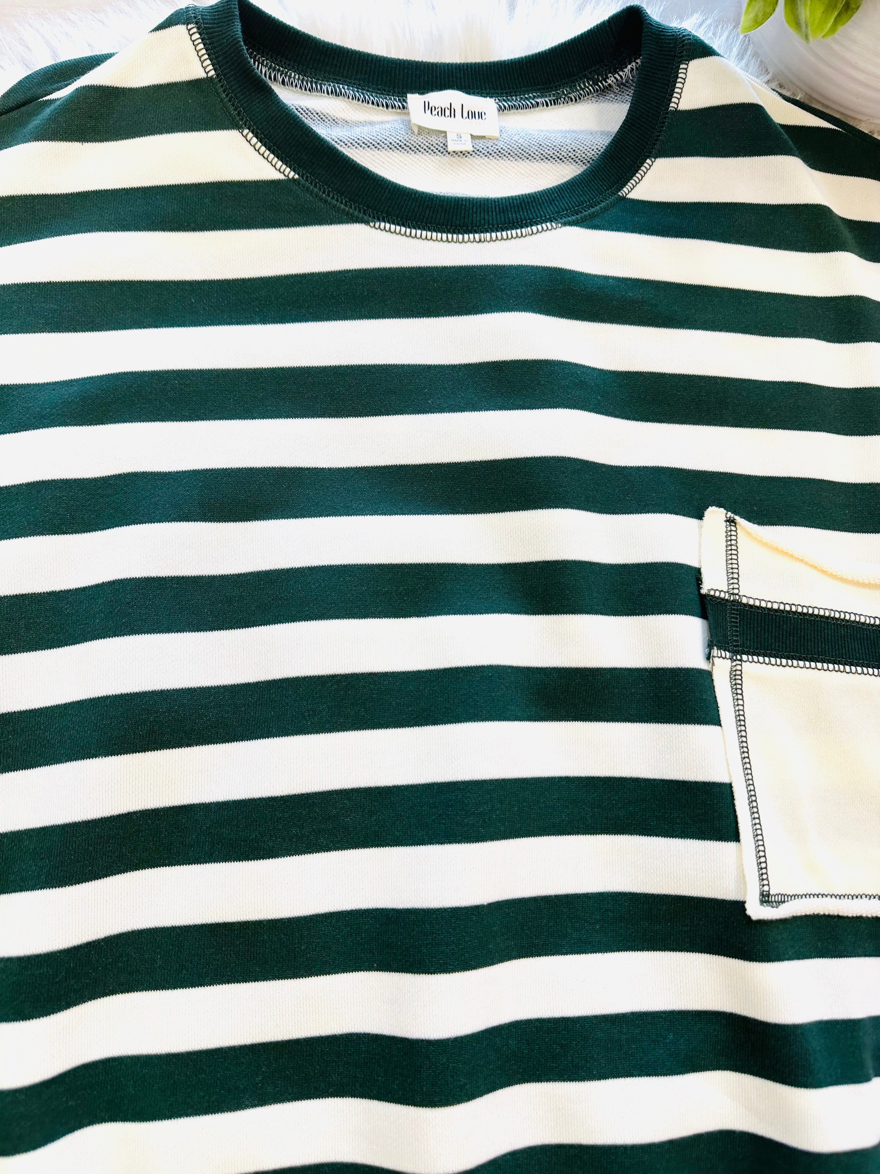 Women’s Peach Love Striped Forest Green Sweater Top