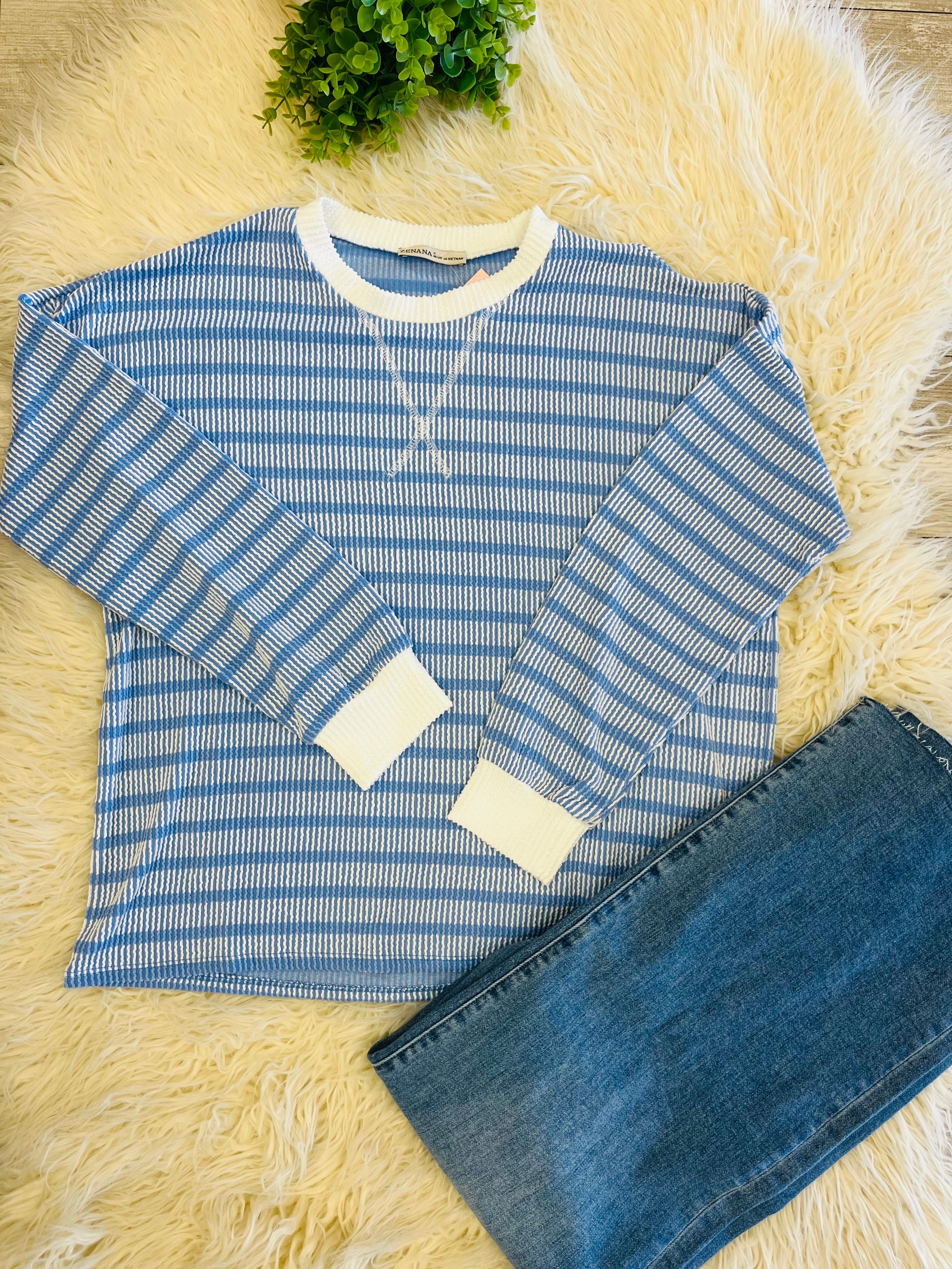 Women’s Ribbed Long Sleeve in Cornflower Blue Zenana Mocha- True to Size