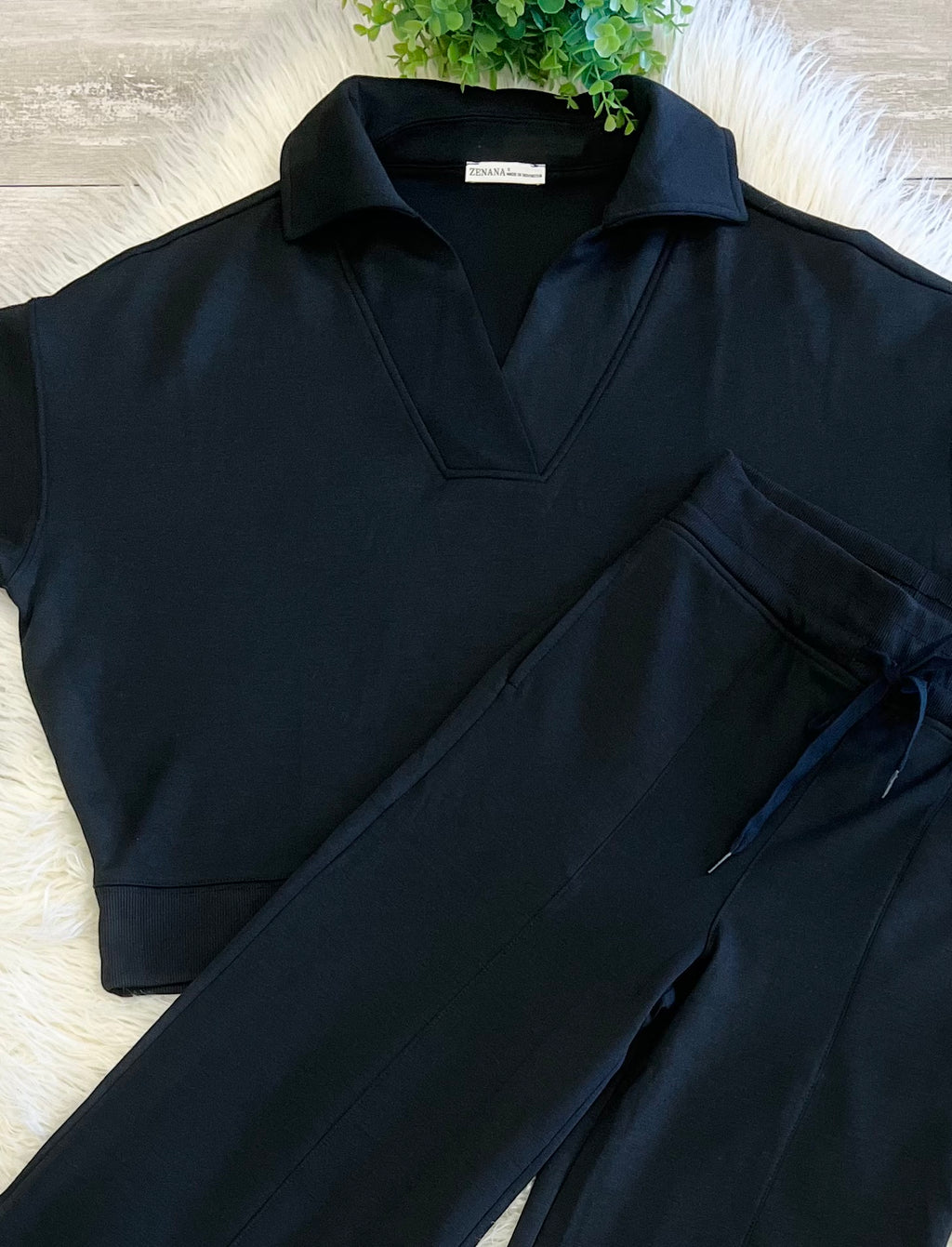 Women’s Zenana Short Sleeve Collared Scuba Set in Jet Black