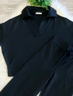 Women’s Zenana Short Sleeve Collared Scuba Set in Jet Black