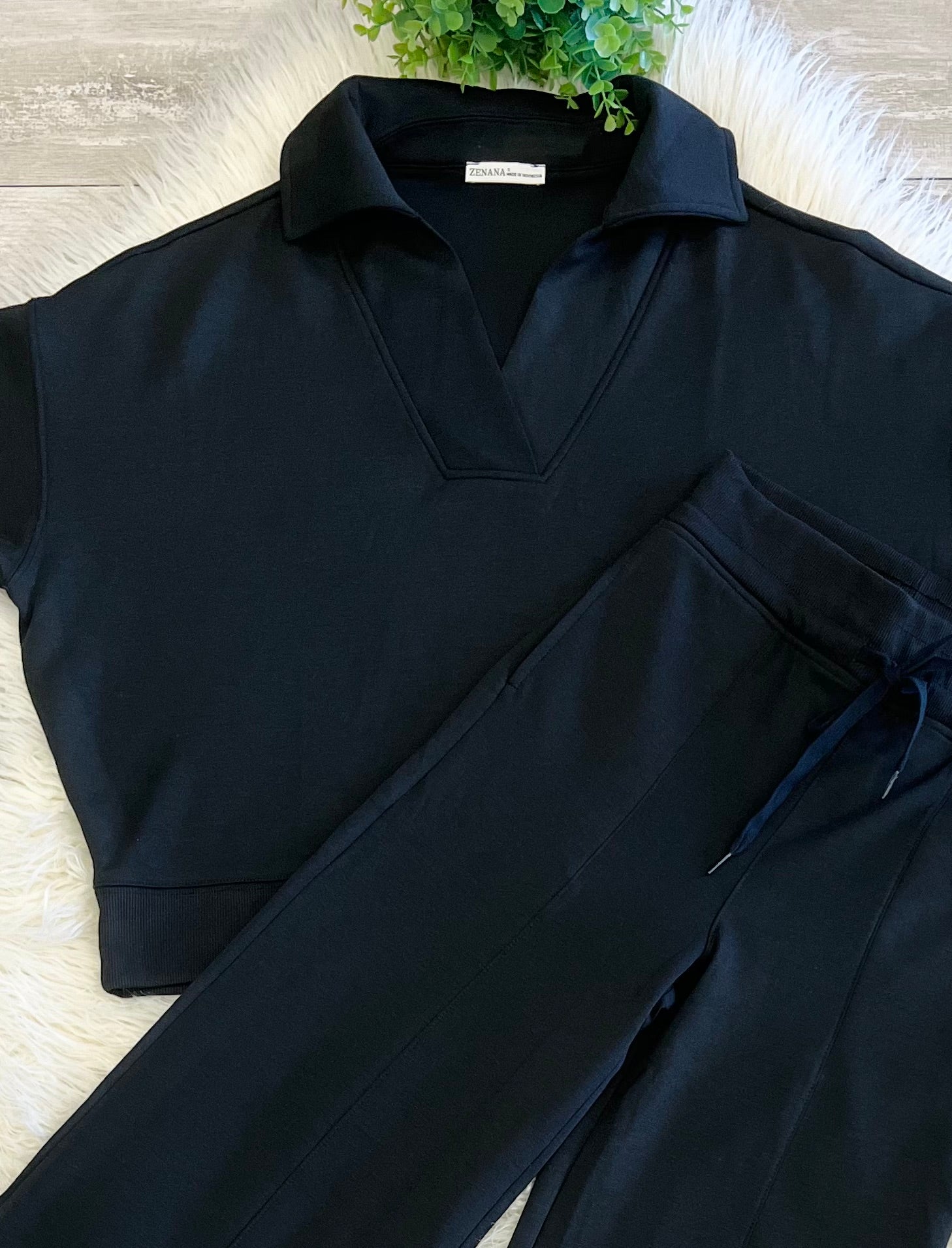 Women’s Zenana Short Sleeve Collared Scuba Set in Jet Black