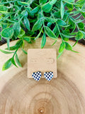 White and Navy Checkered Heart Shaped Clip-On Earrings