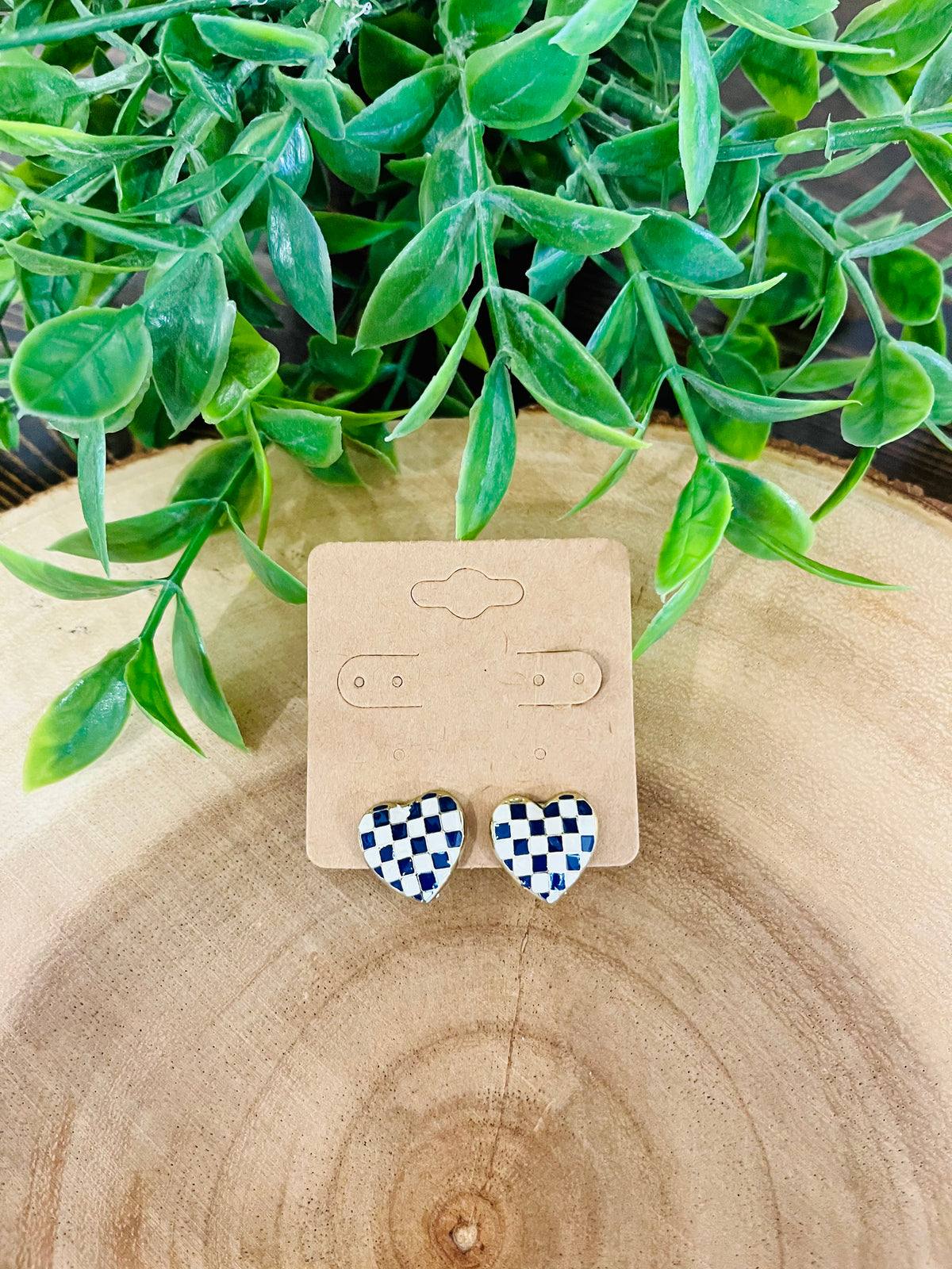 White and Navy Checkered Heart Shaped Clip-On Earrings