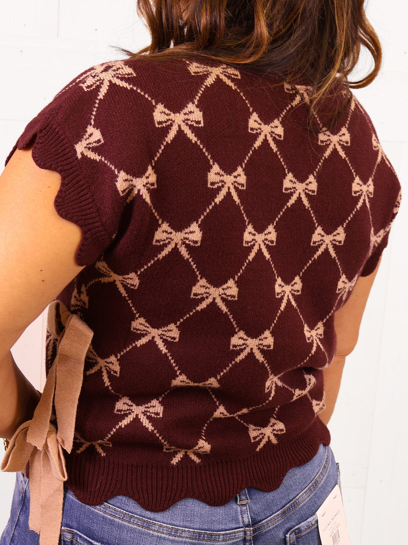 Burgundy Bow Pattern Sweater Top