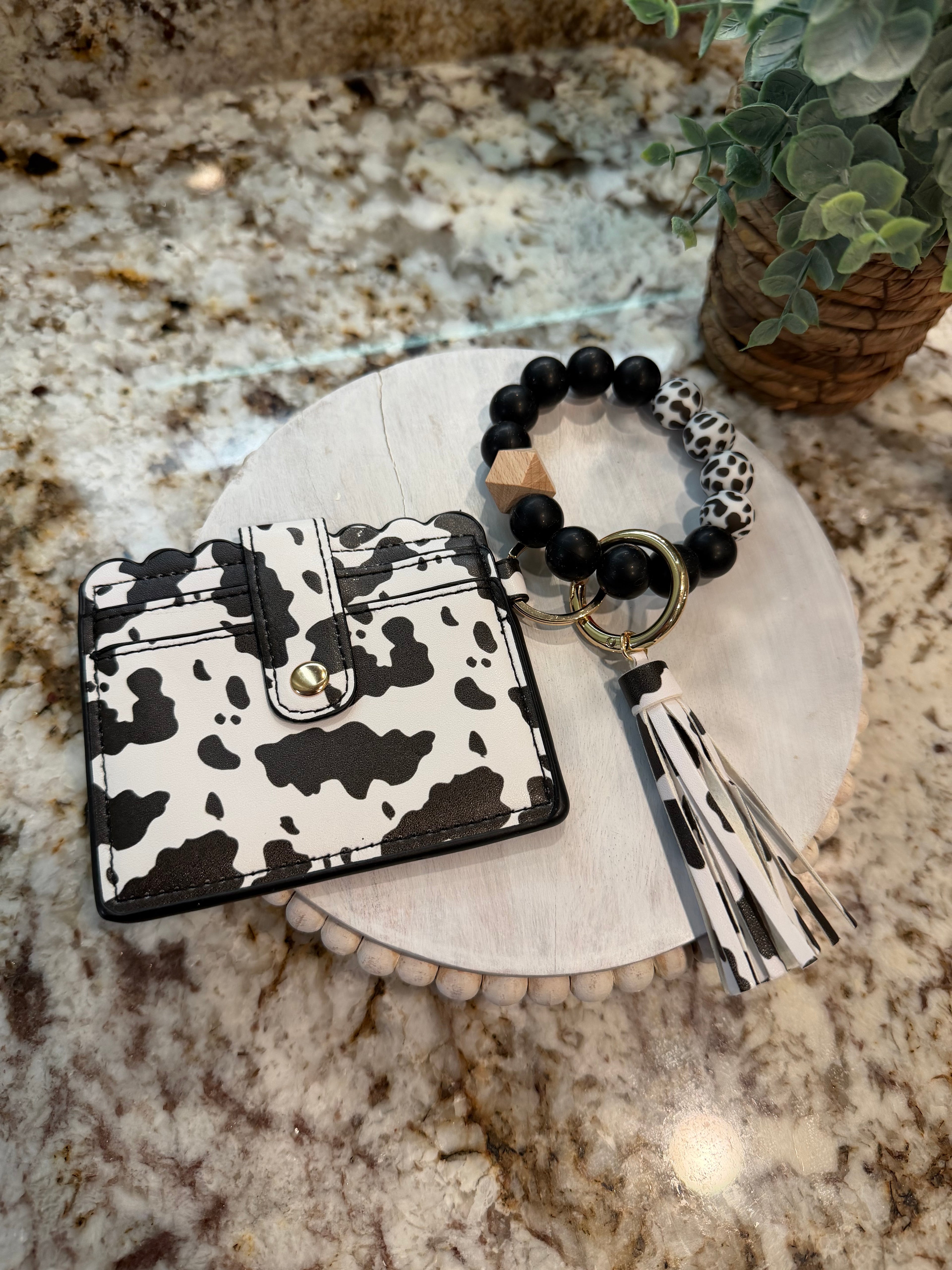 Wristlet ID Badge Pouch Keychain Black Cow Print