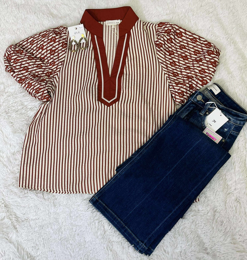 Entro Burnt Orange Mixed Print Puff Sleeve Top