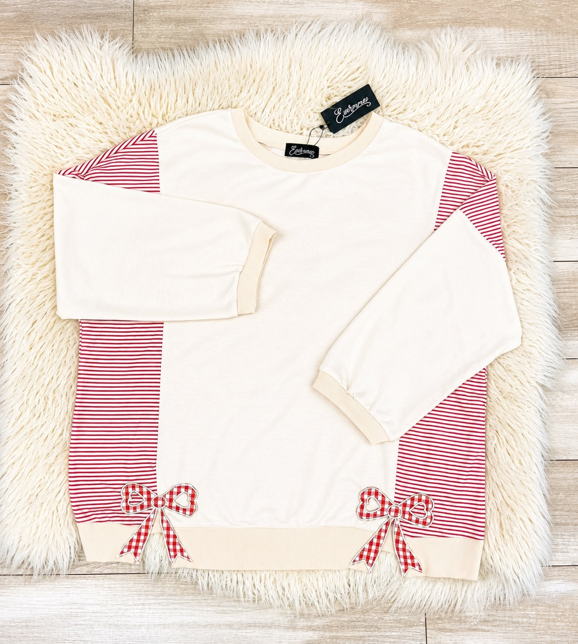 Women’s Evermmee Cream with Red and Pink Stripe and Bow Detail Top- Loose Fit