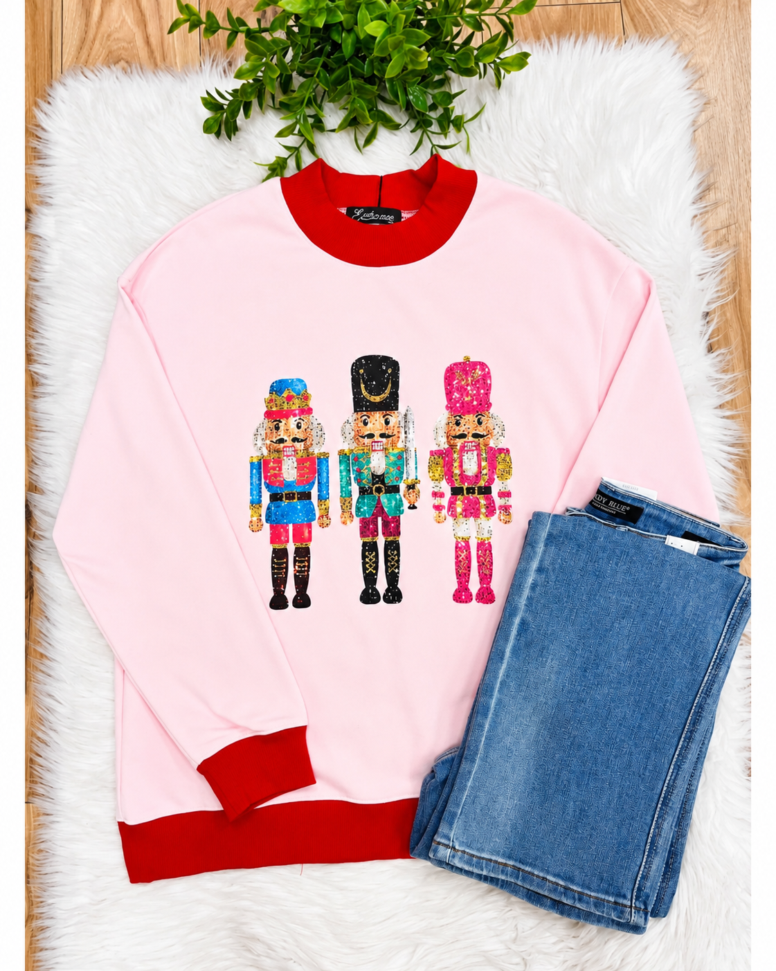 Light Pink Christmas Nutcracker Top with Red Trim - Women’s Sweatshirt Top - by Evermmee - True to Size
