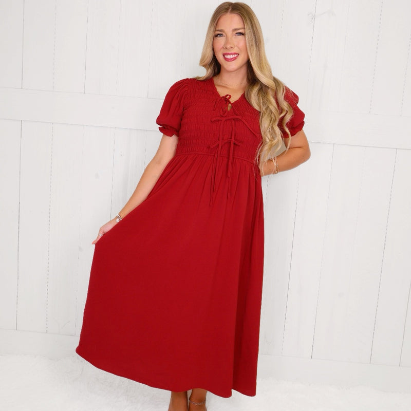 Wine Smocked Tie MIDI Dress