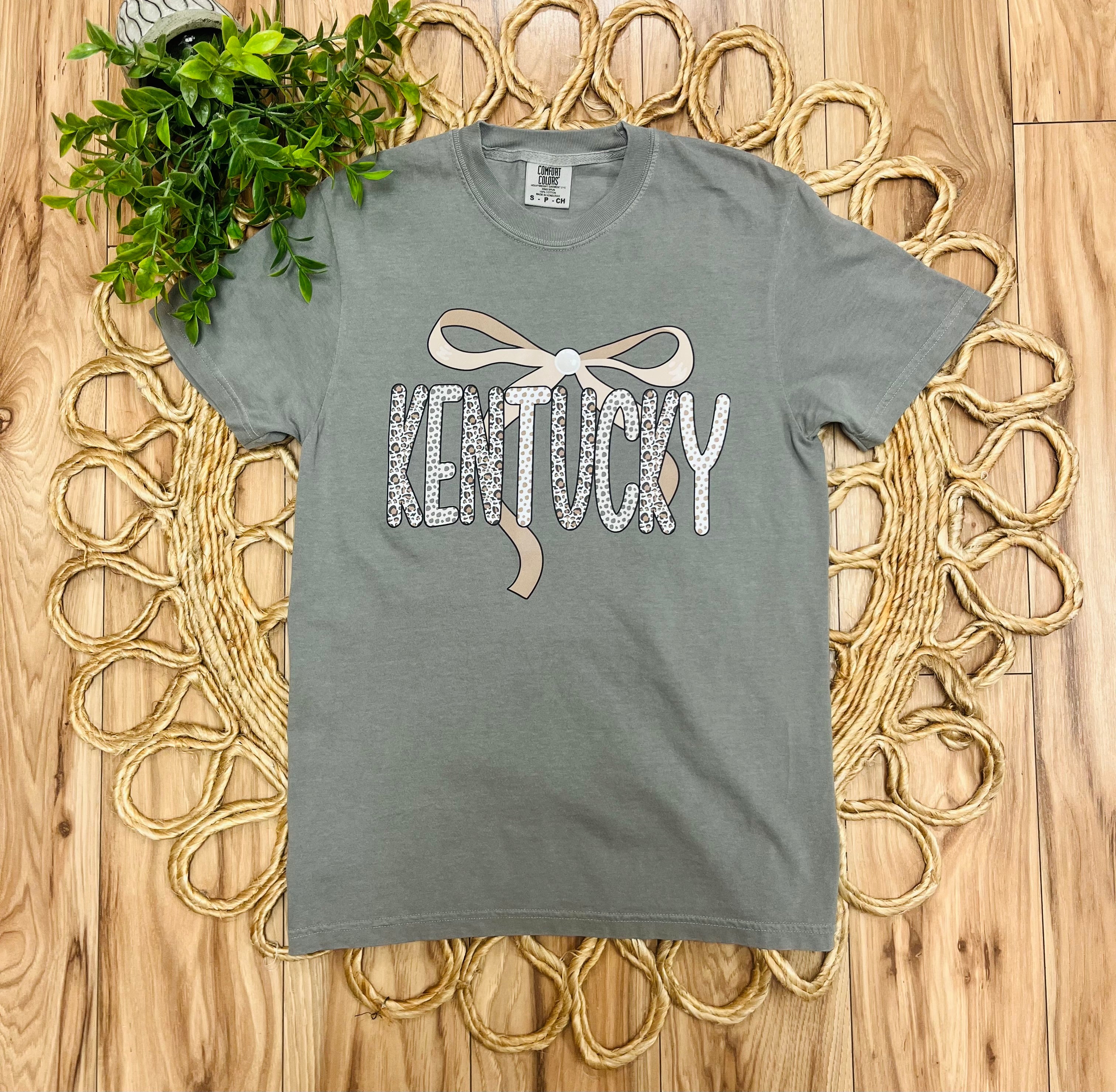 Women’s Grey “Kentucky” Cheetah Print Polka Dot Bow Tee
