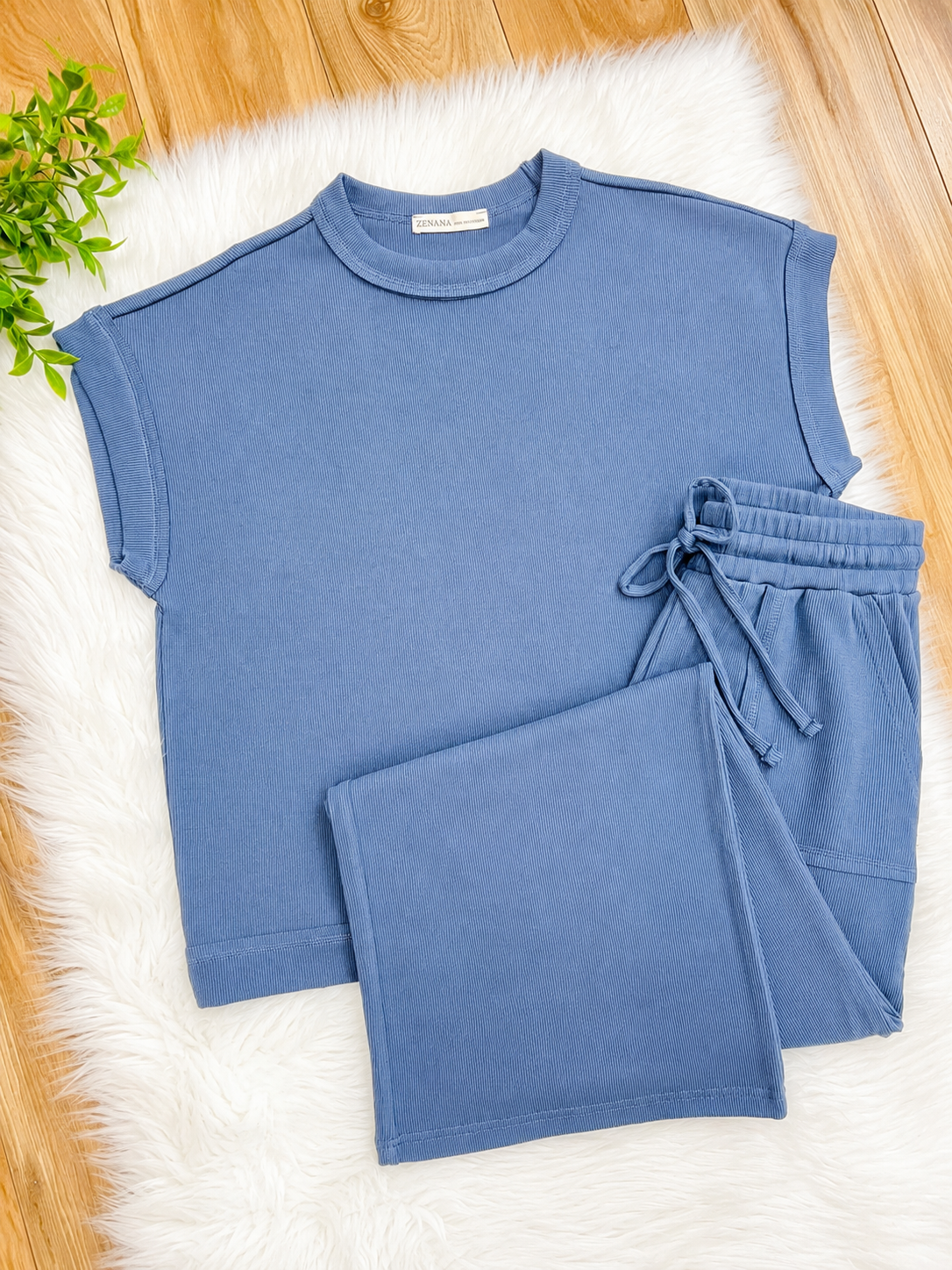 Women’s Zenana Dusty Blue Ribbed Cuff Sleeve Pant Set