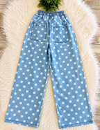 Relaxed Wide Leg Soft Polka Dot Chambray Denim Drawstring Pants