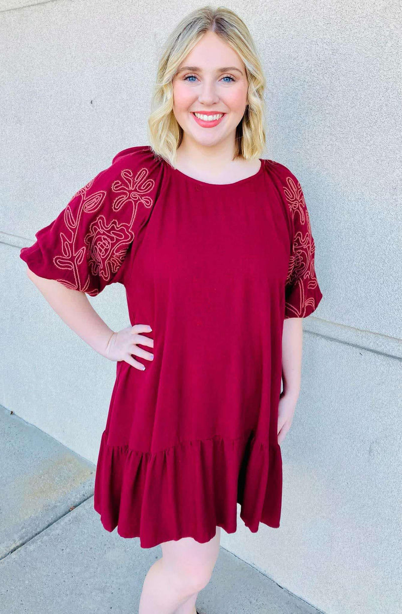 Women’s Burgundy Puffer Sleeve Dress - Mini Mee Boutique