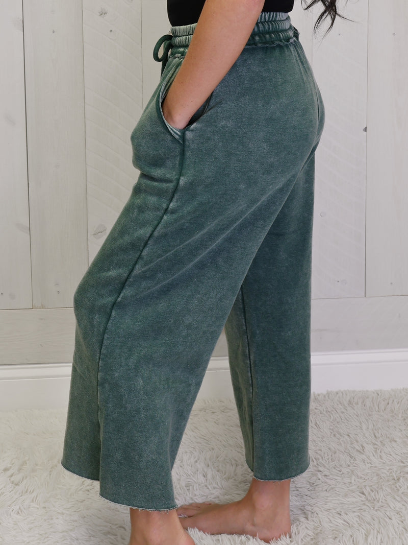 Dark Green Acid Wash Fleece Palazzo pants with pockets
