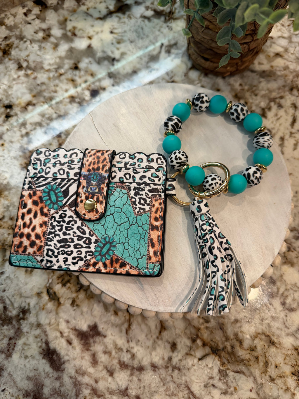 Wristlet ID Badge Pouch Keychain Teal Cheetah