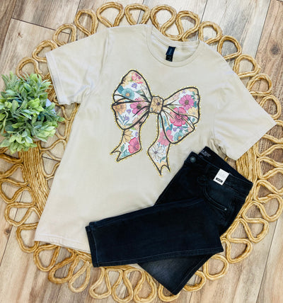 Floral Bow Graphic Tee - Tan - Mini Mee Boutique