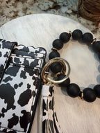 Wristlet ID Badge Pouch Keychain Black Cow Print