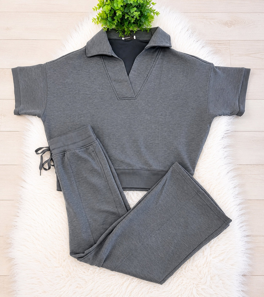 Women’s Zenana Short Sleeve Collared Scuba Set In Charcoal