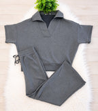 Women’s Zenana Short Sleeve Collared Scuba Set In Charcoal
