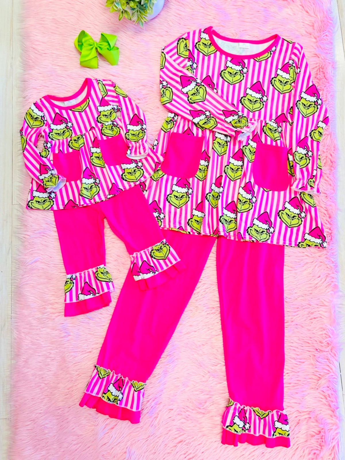 Pink Stripe Grinch Christmas Outift - Girls Pants Outfit - by Mini Mee - True to Size