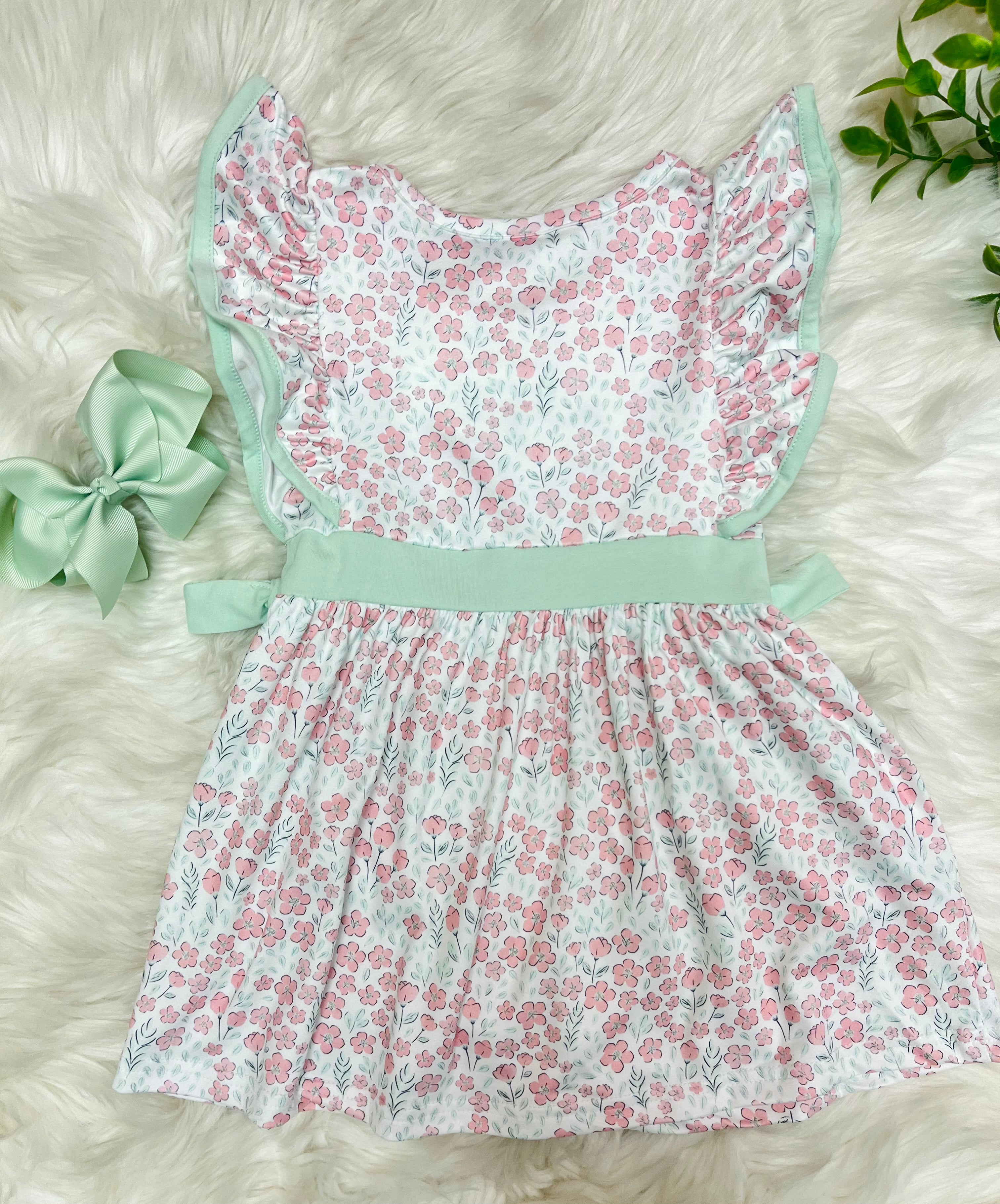 Girl’s Pink and Sage Floral Print Tractor Dress