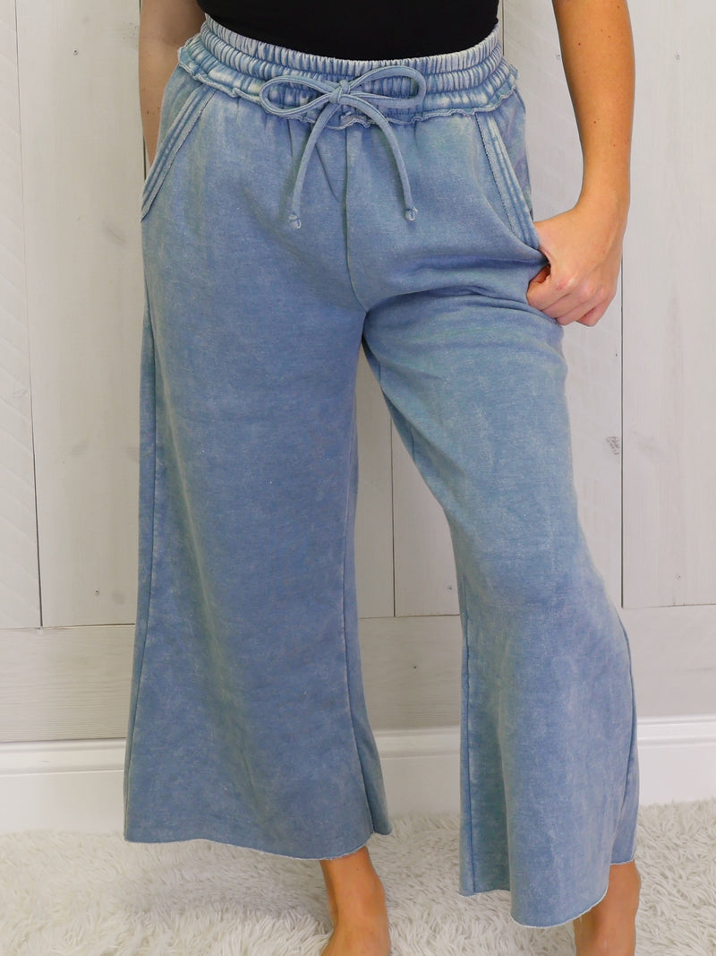 Blue Grey Acid Wash Fleece Palazzo pant with pockets