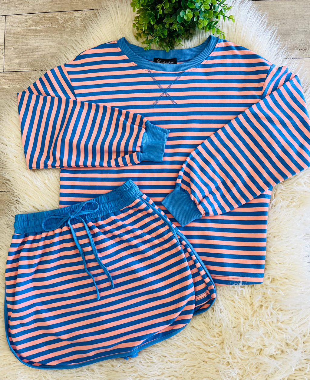 Women’s Evermmee Peach+Blue Stripped Long Sleeve Skort Set