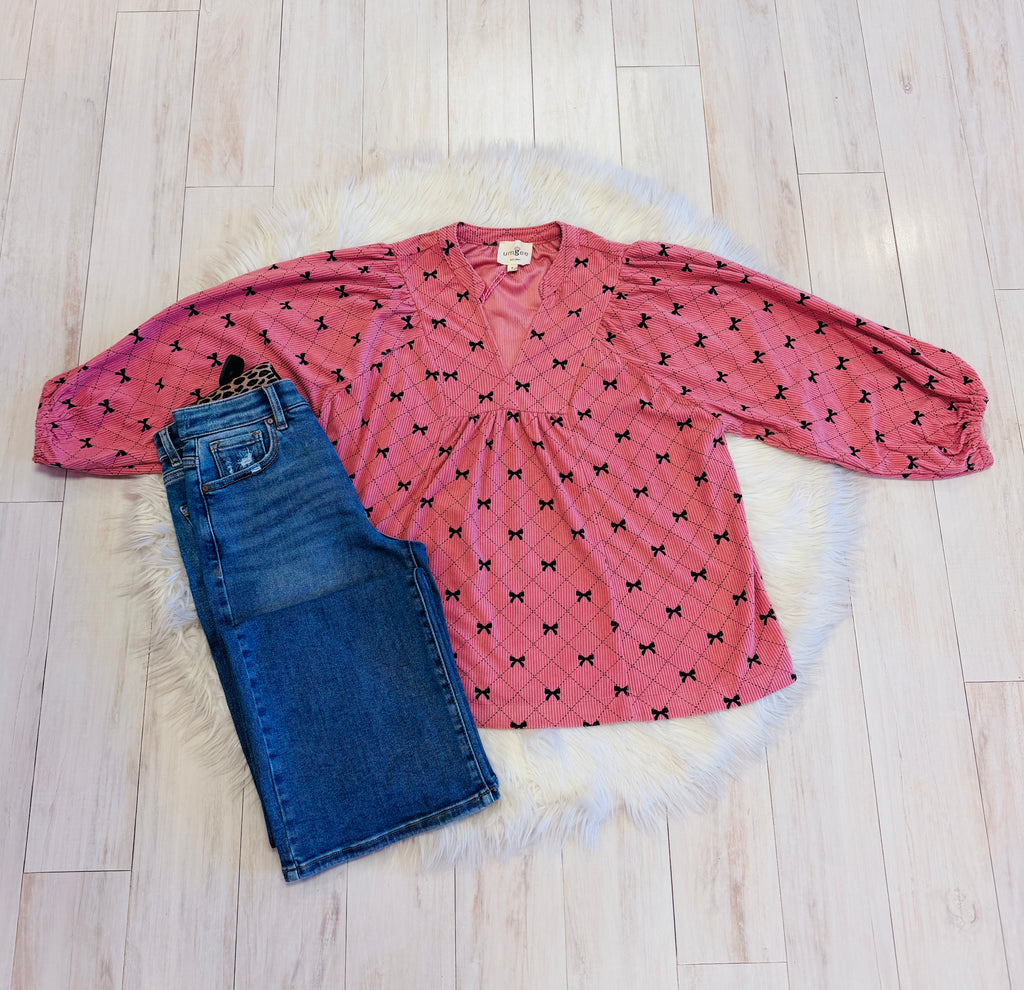 Women’s Umgee Corduroy Bow Print Top Loose Fit