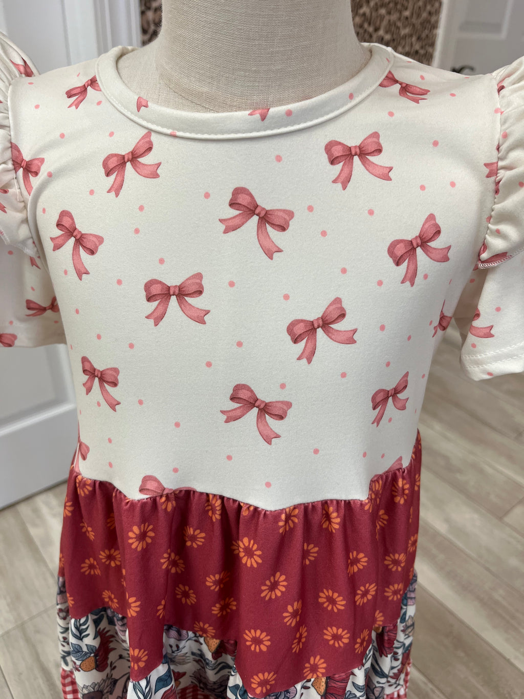 Girl’s Mixed Pattern Floral Gingham Bow Tiered Twirl Dress