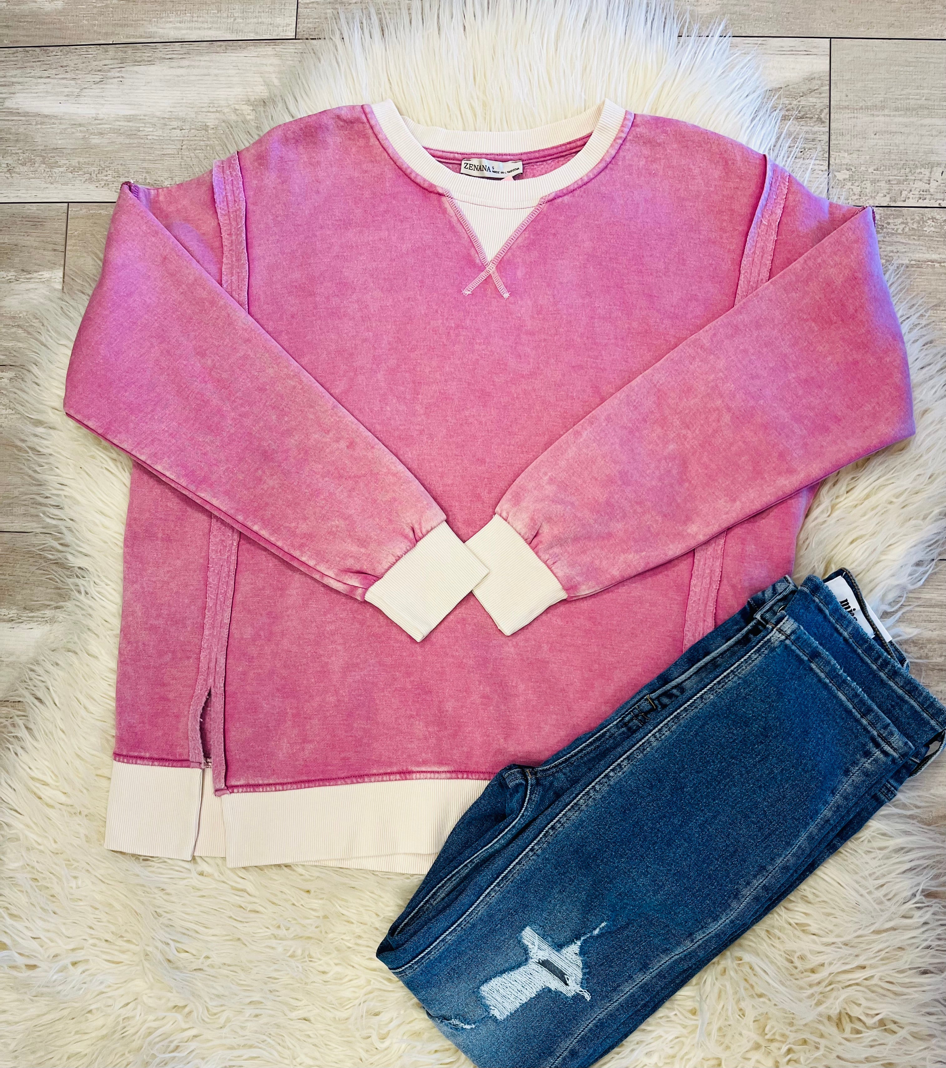 Women’s Zenana Washed Exposed Seam Sweatshirt In Raspberry Pink