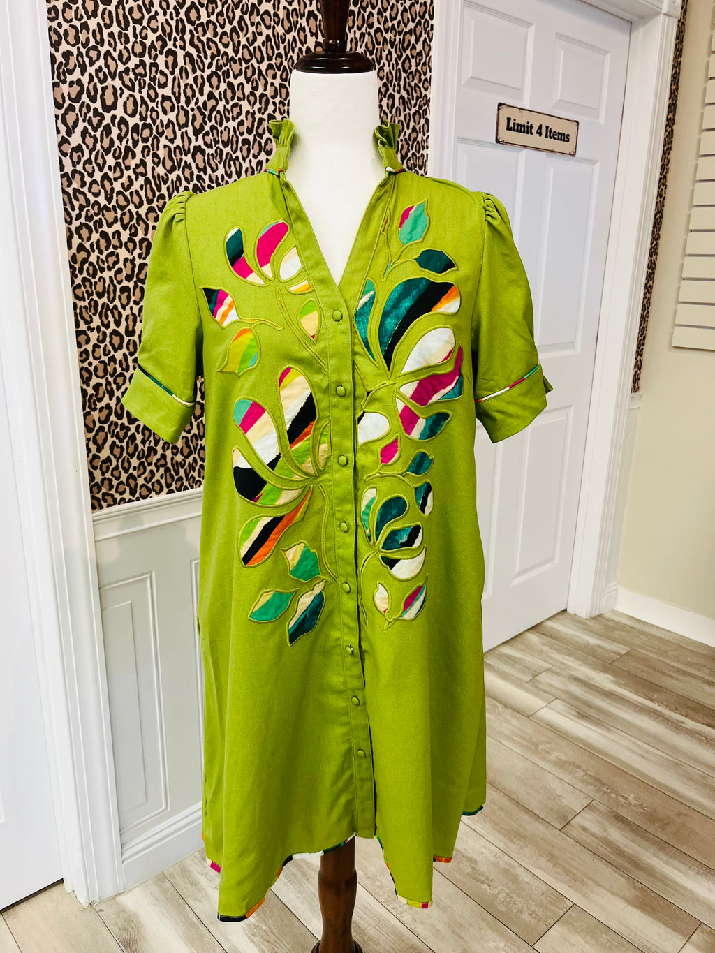 Women’s Linen V-Neck Mini Dress With Printed Embroidered Appliqué Design Details