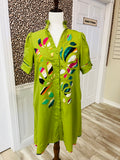 Women’s Linen V-Neck Mini Dress With Printed Embroidered Appliqué Design Details