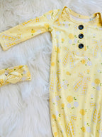 Girl’s Yellow Floral Print Knotted Gown with Matching Headband