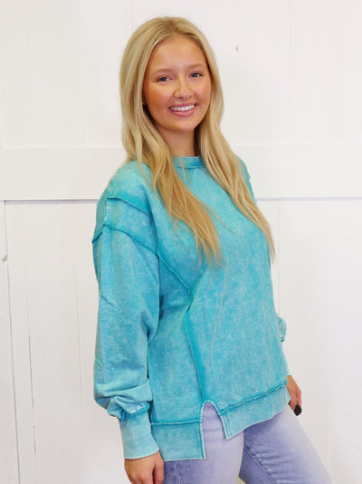 Turquoise Acid Wash Exposed Seam Sweater Pullover Top