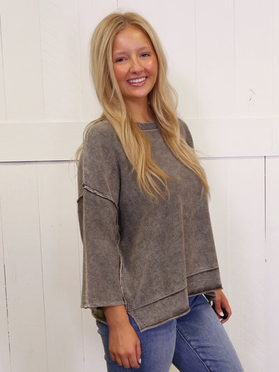 Brown Washed 3/4 Sleeve Boxy Sweater Pullover Top