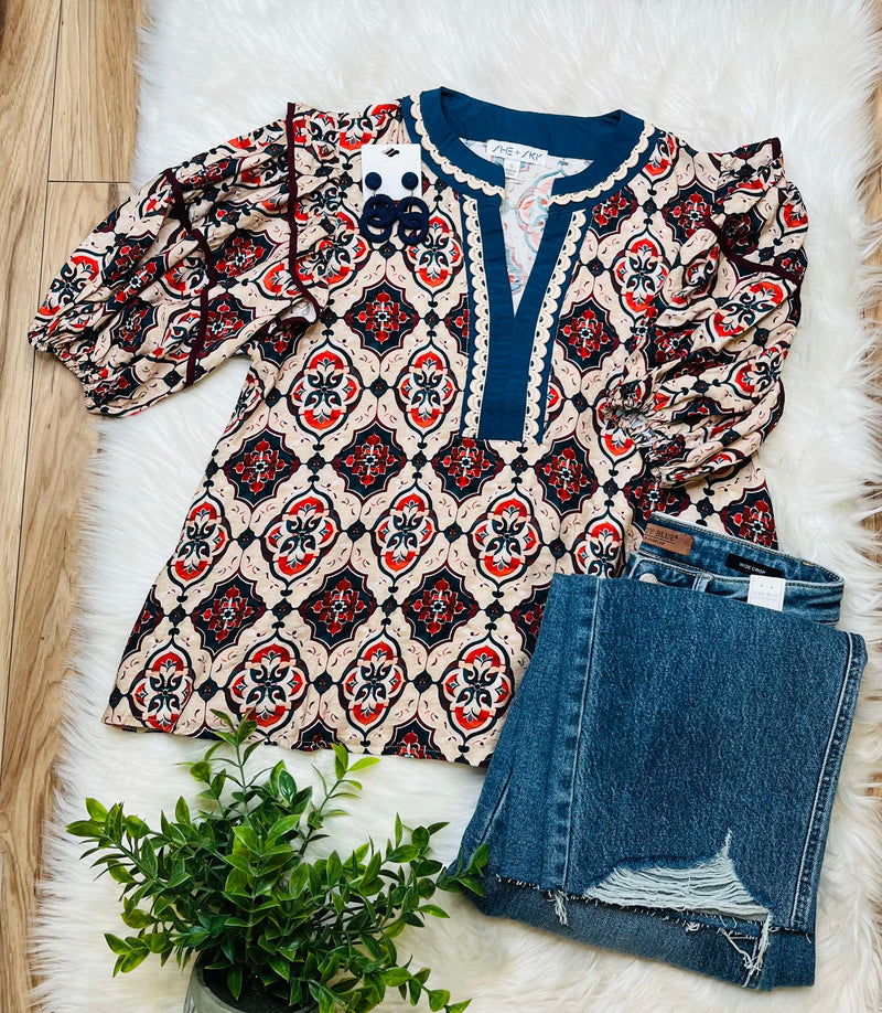 Teal Contrast V Neck Mixed Print Top