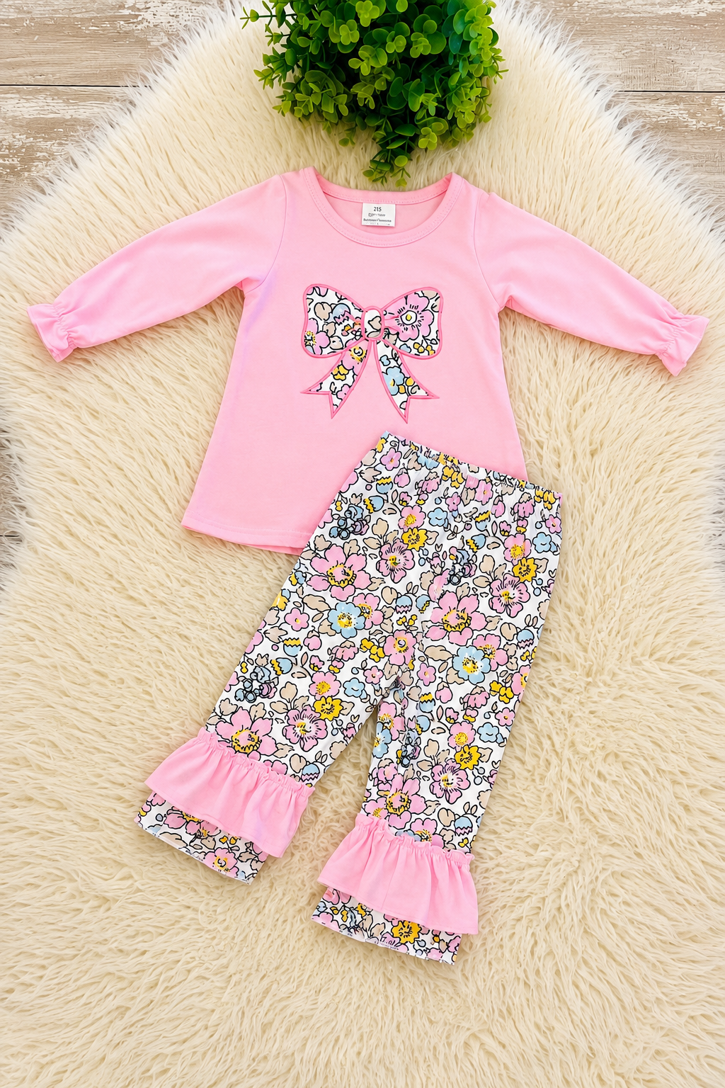 Girls Pink Bow Floral Ruffle Pant Outfit