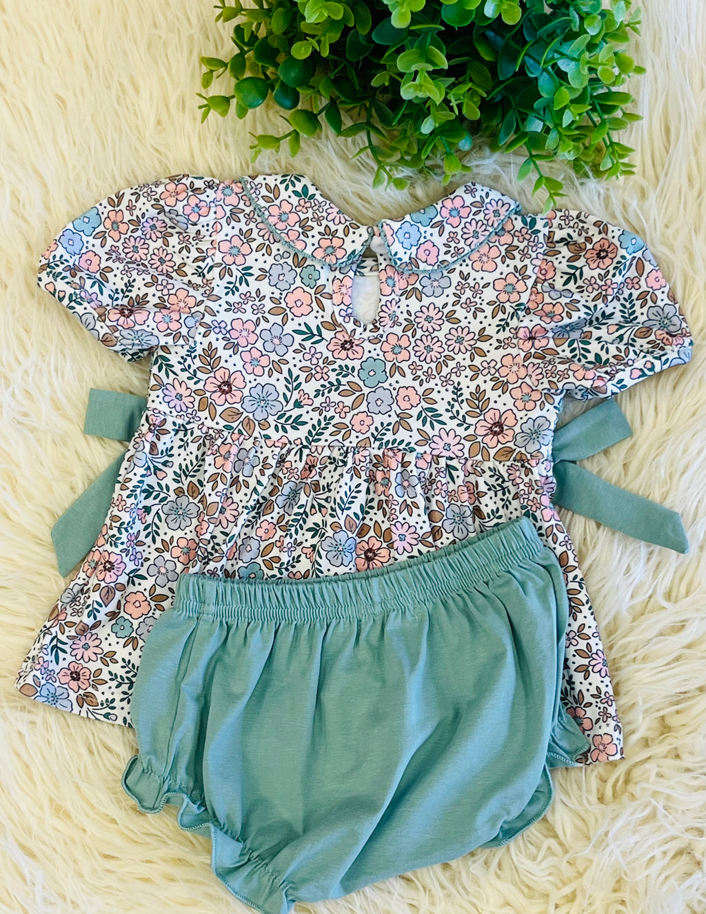 Girl’s Sage Green Smocked Baby Bloomer Set