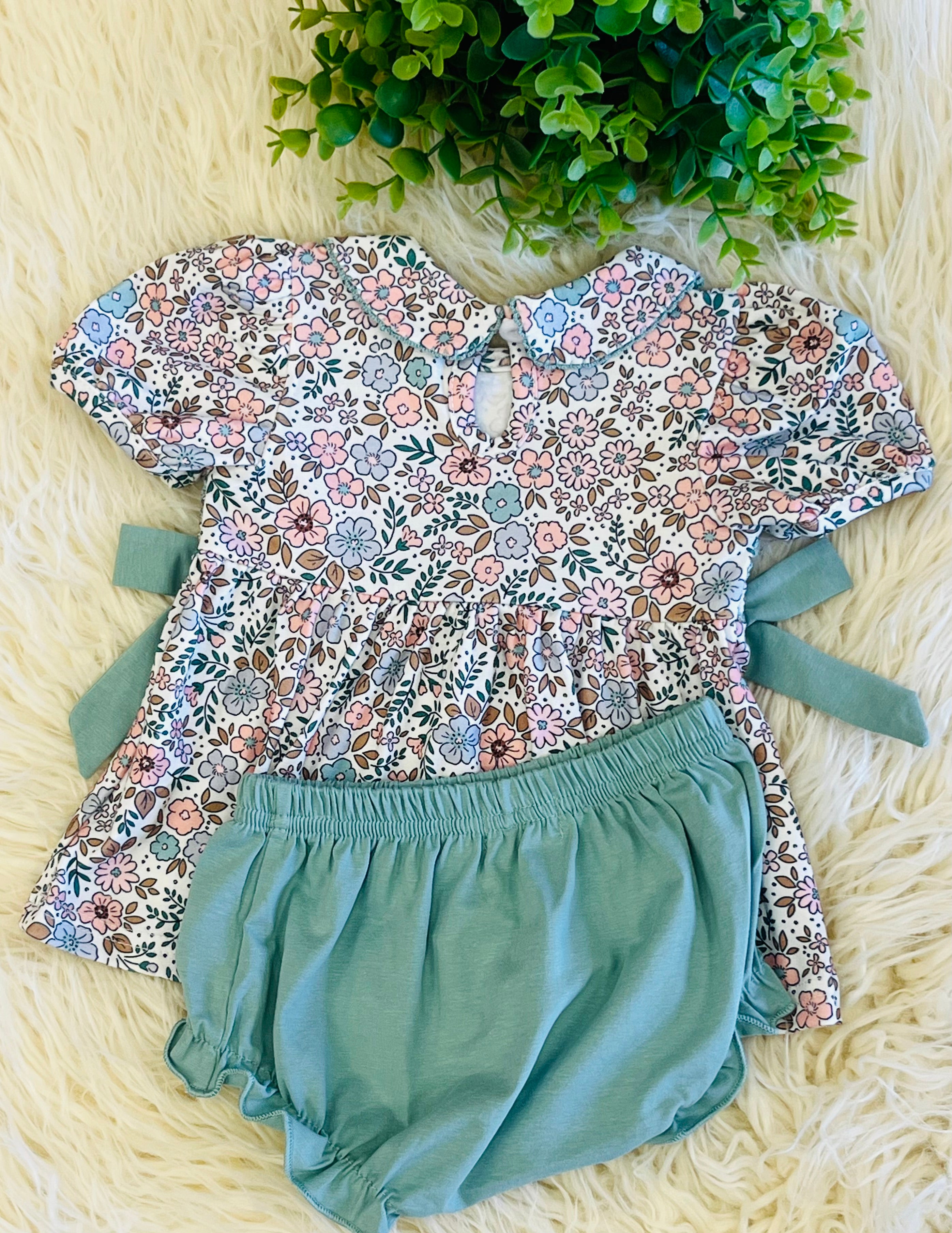 Girl’s Sage Green Smocked Baby Bloomer Set