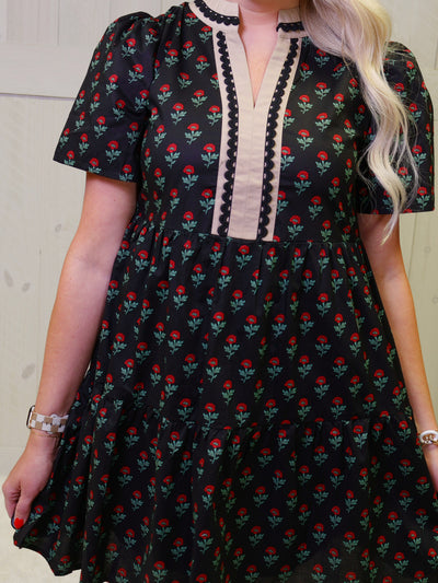 Black Rose Print Split Neck Dress