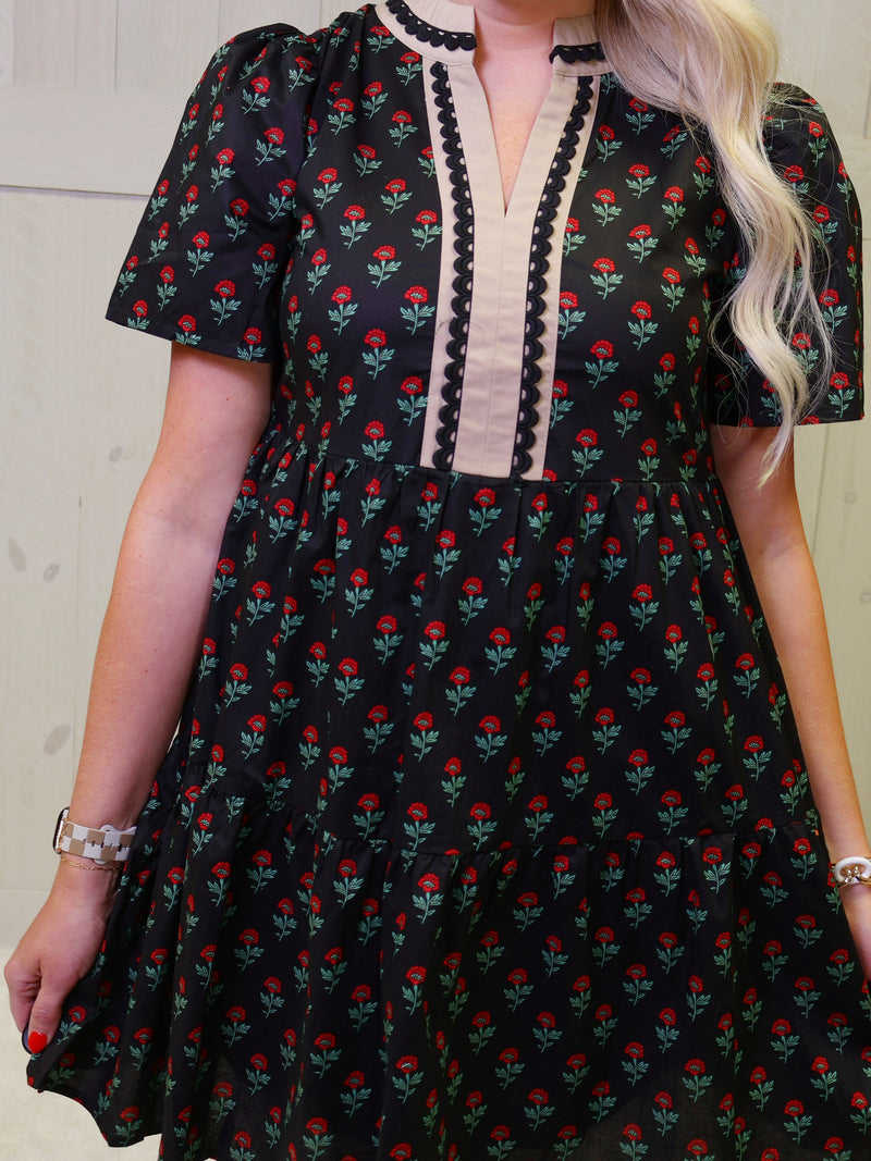 Black Rose Print Split Neck Dress