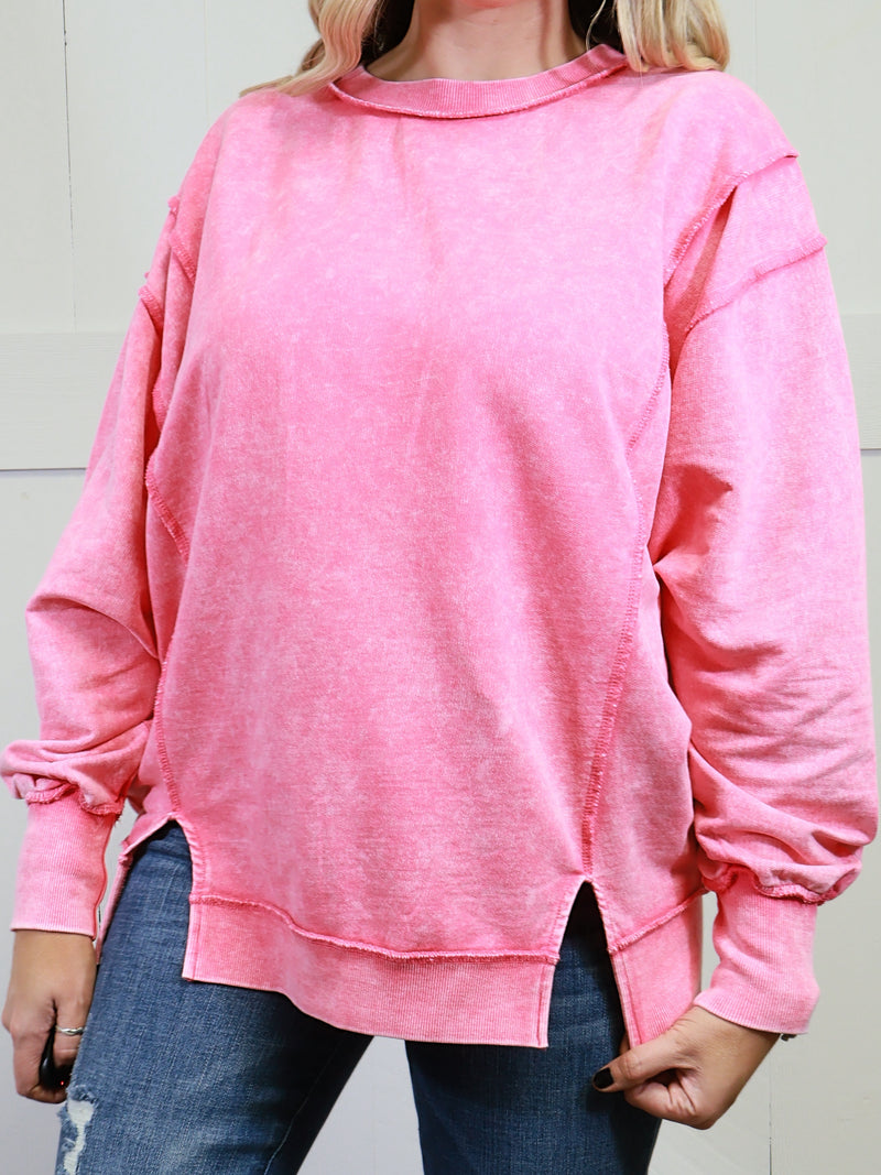 Zenana Basic Acid Wash Terry Exposed Seam Sweater Pullover Pink