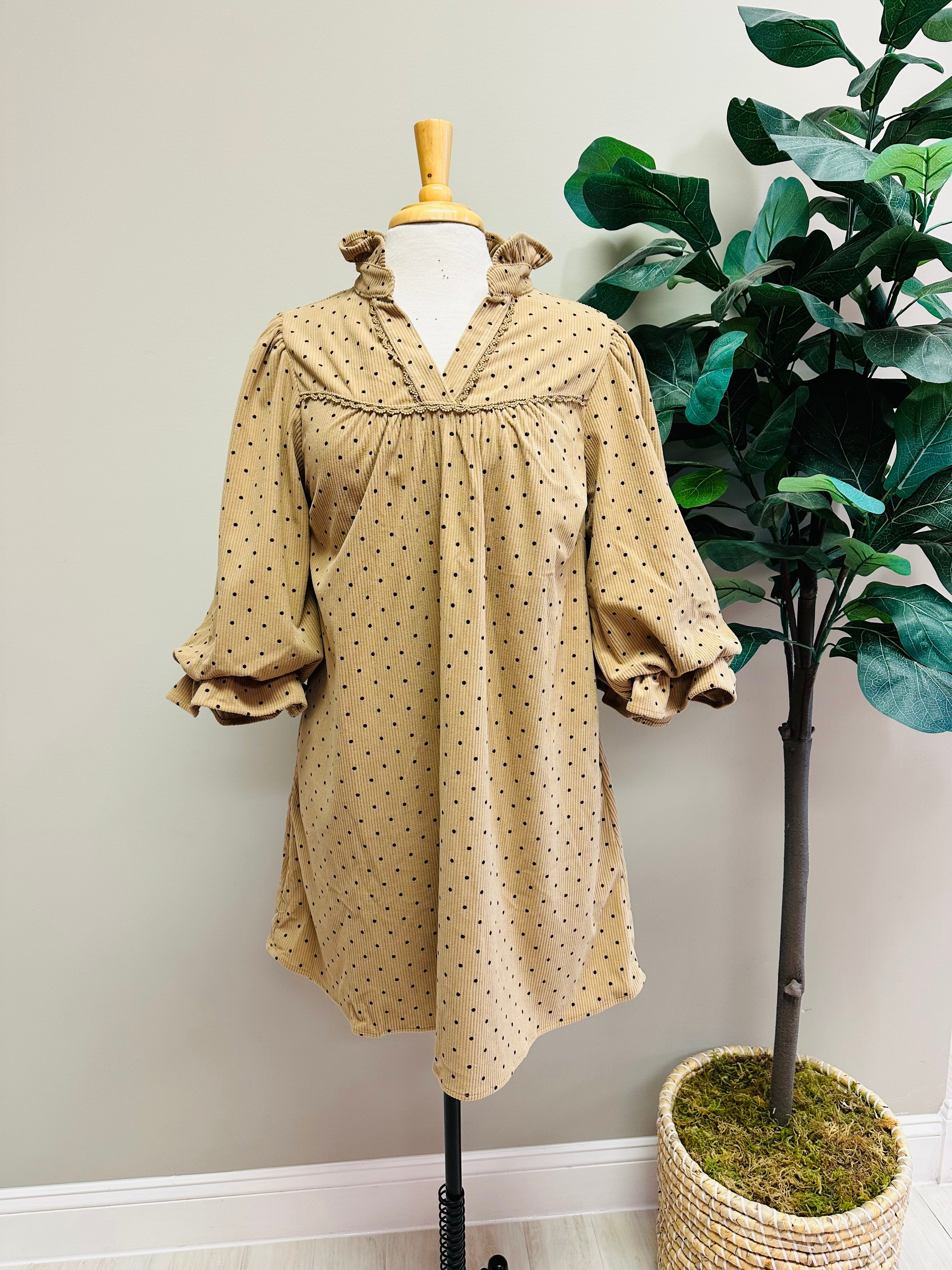 Women’s Umgee Mocha Polka Dot  Dress with Ruffled Collar
