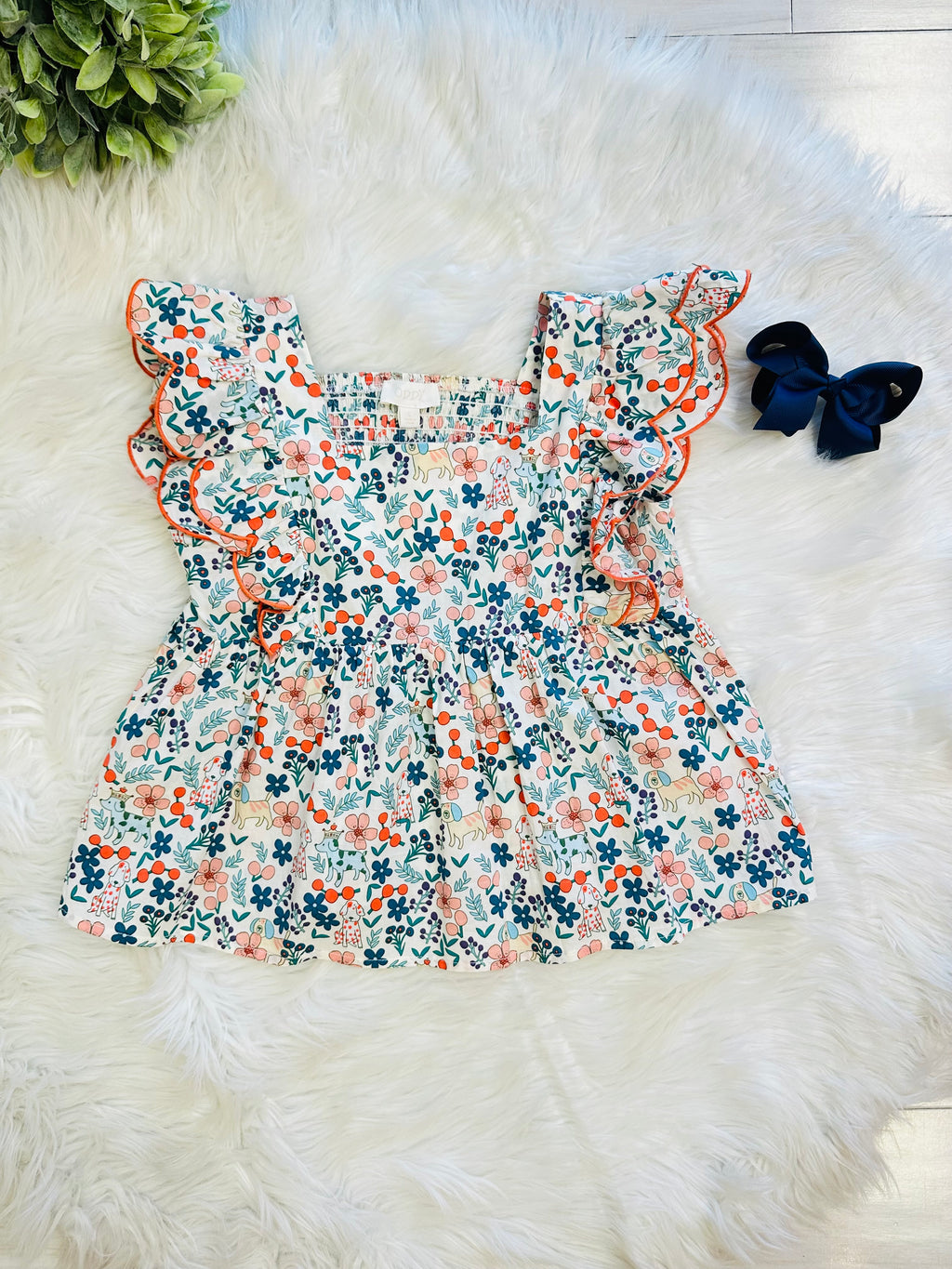 Girls Mixed Print Flutter Sleeve Top