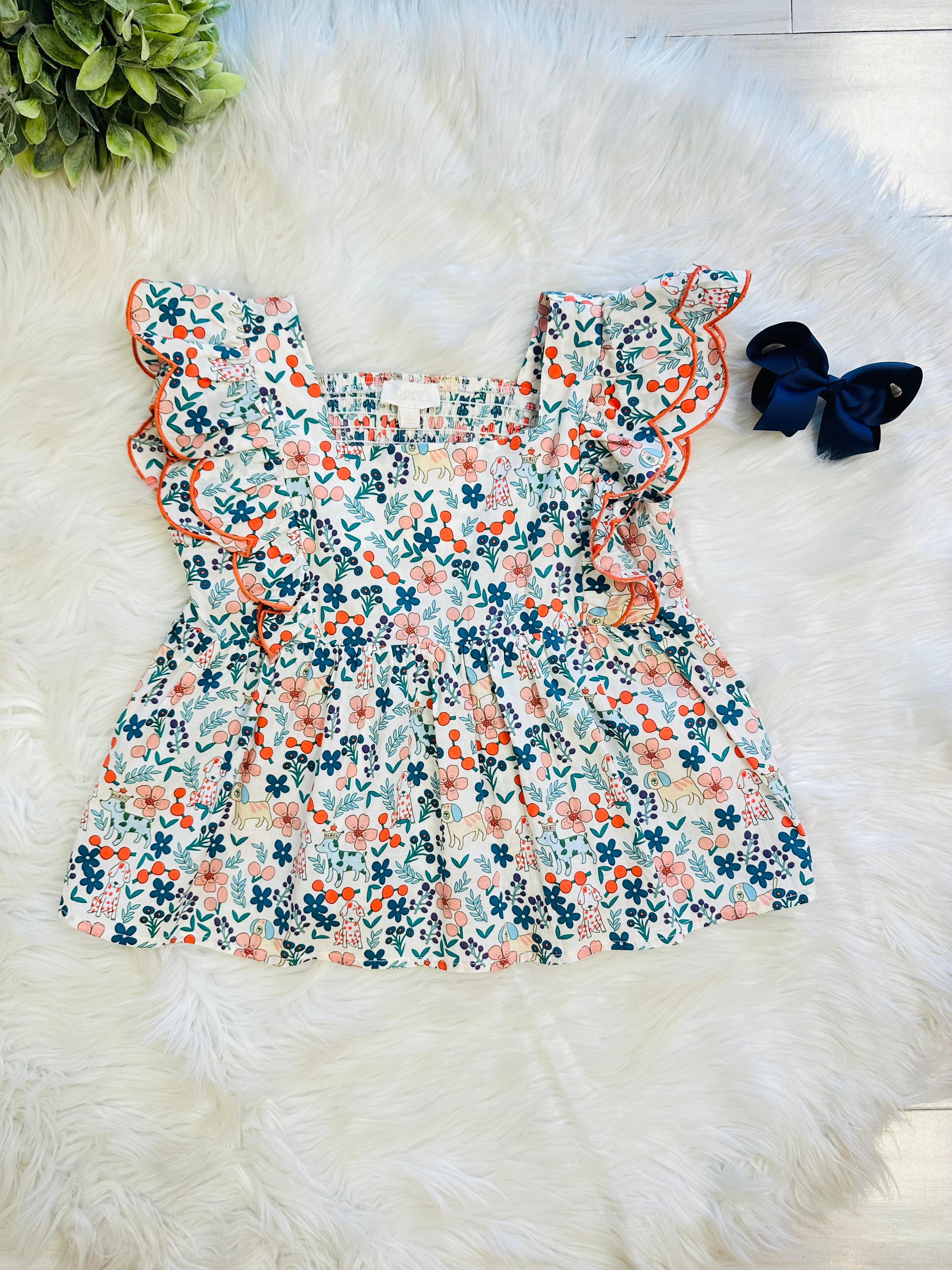 Girls Mixed Print Flutter Sleeve Top