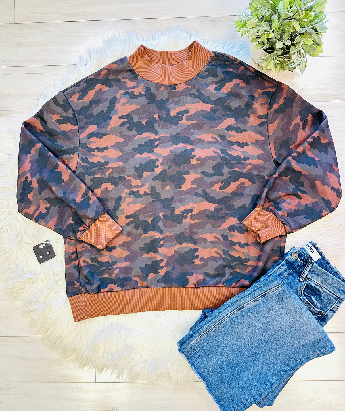 Women’s Evermmee Camouflage Mocked Neck Sweater Top - True to Size