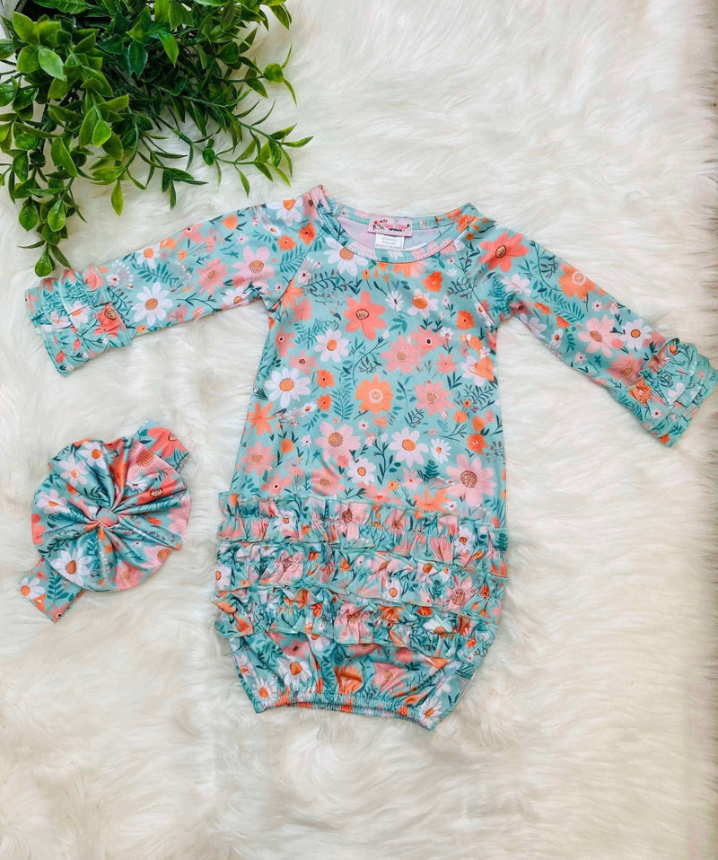 Green Floral Baby Gown with Headband - Mini Mee Boutique