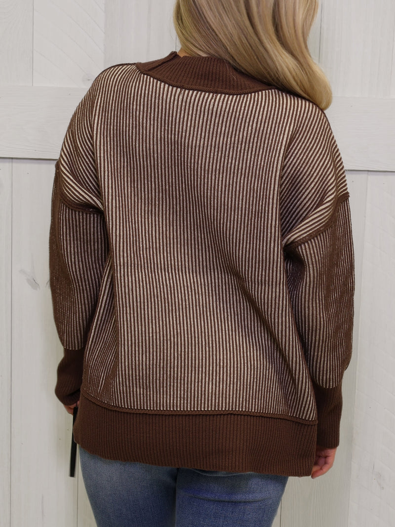 Zenana Exposed Seam Two Tone Brown Sweater